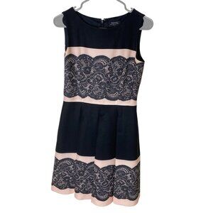 TAHARI ASL 4P Pink Black Lace-Print Fit & Flare Dress Petite Wedding Guest